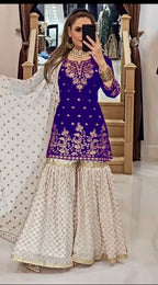 Classic Purple Embroidered Georgette Sharara Set â€“ Perfect for Eid