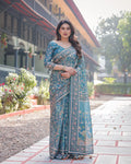 Pure Handloom Teal Blue Saree with Multicolor Floral Vine Print & Tassel Pallu
