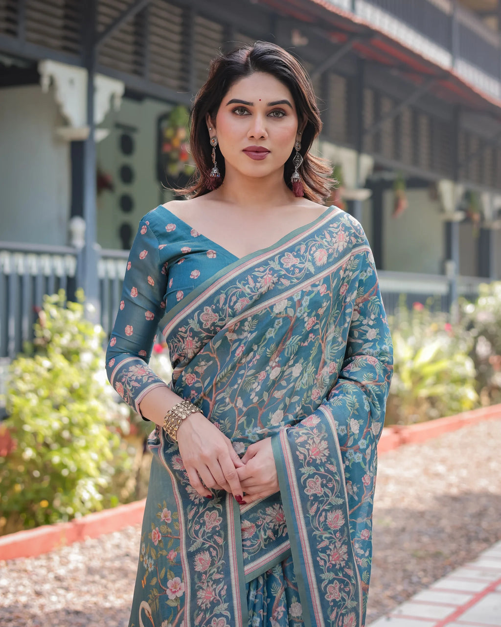 Pure Handloom Teal Blue Saree with Multicolor Floral Vine Print & Tassel Pallu