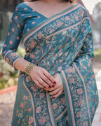 Pure Handloom Teal Blue Saree with Multicolor Floral Vine Print & Tassel Pallu