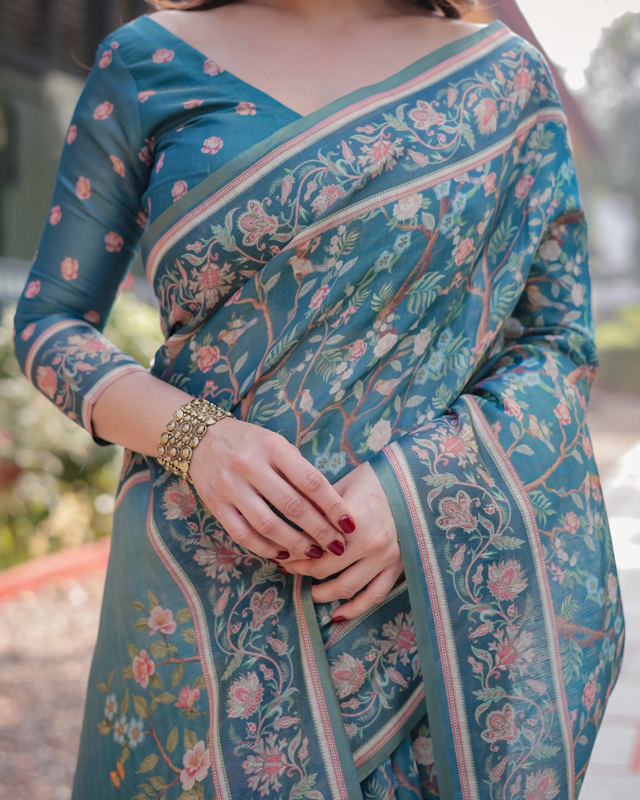 Pure Handloom Teal Blue Saree with Multicolor Floral Vine Print & Tassel Pallu