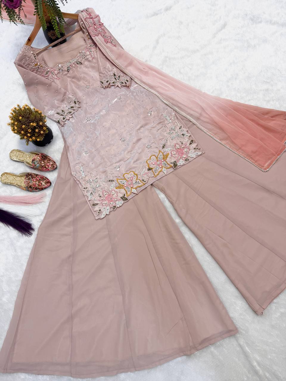 Embroidered Pink Silk Kurti Palazzo Set for Women-Elegant Ethnic Wear