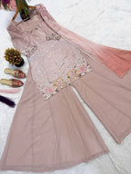 Embroidered Pink Silk Kurti Palazzo Set for Women-Elegant Ethnic Wear