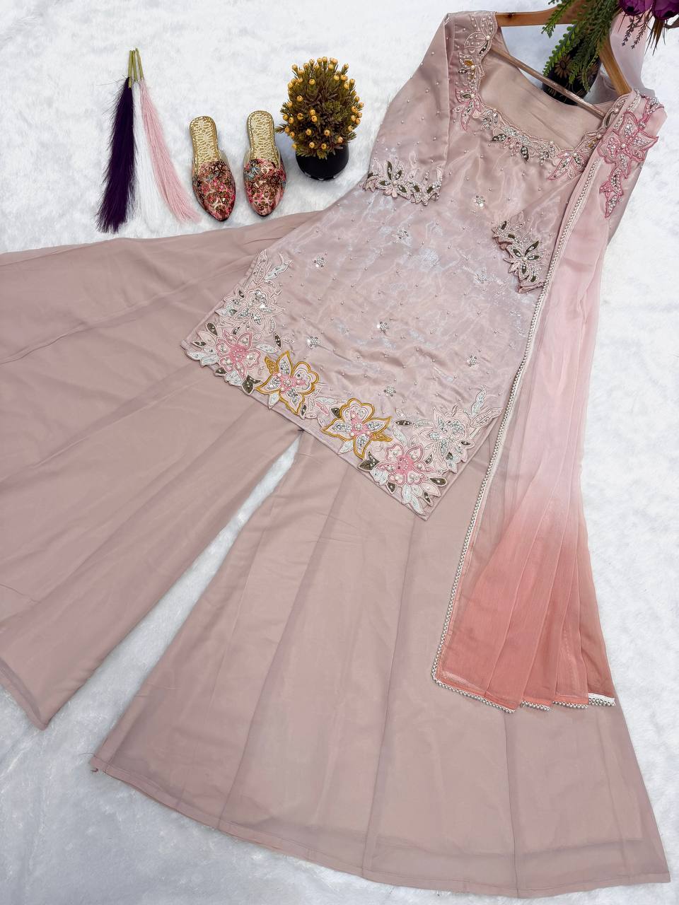 Embroidered Pink Silk Kurti Palazzo Set for Women-Elegant Ethnic Wear