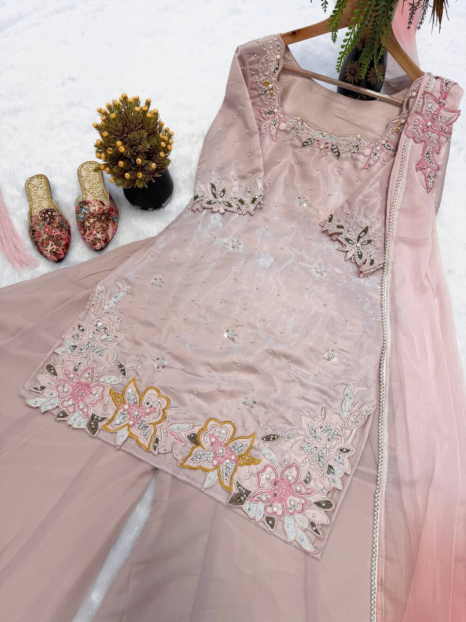 Embroidered Pink Silk Kurti Palazzo Set for Women-Elegant Ethnic Wear