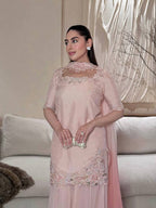 Embroidered Pink Silk Kurti Palazzo Set for Women-Elegant Ethnic Wear