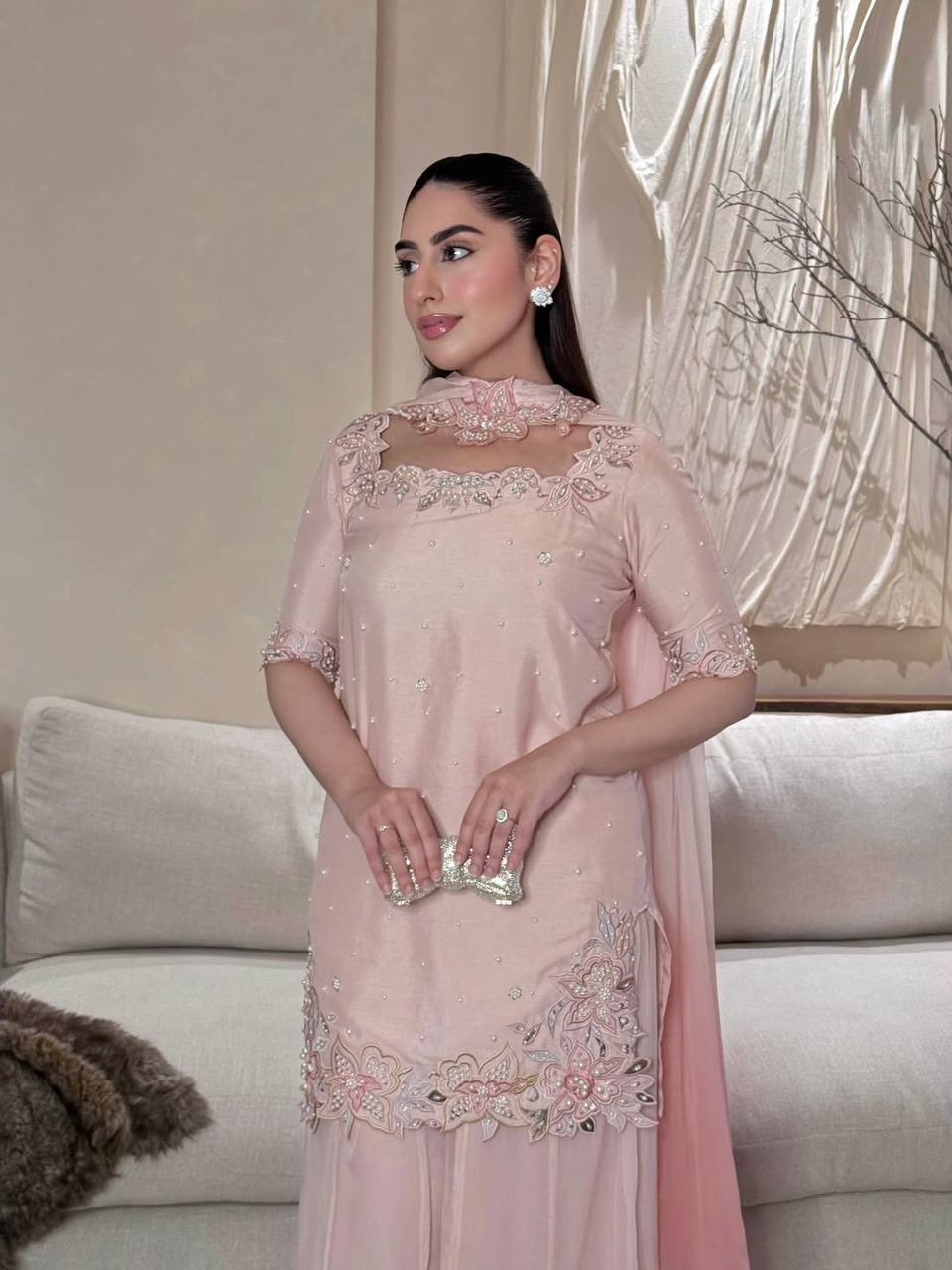 Embroidered Pink Silk Kurti Palazzo Set for Women-Elegant Ethnic Wear