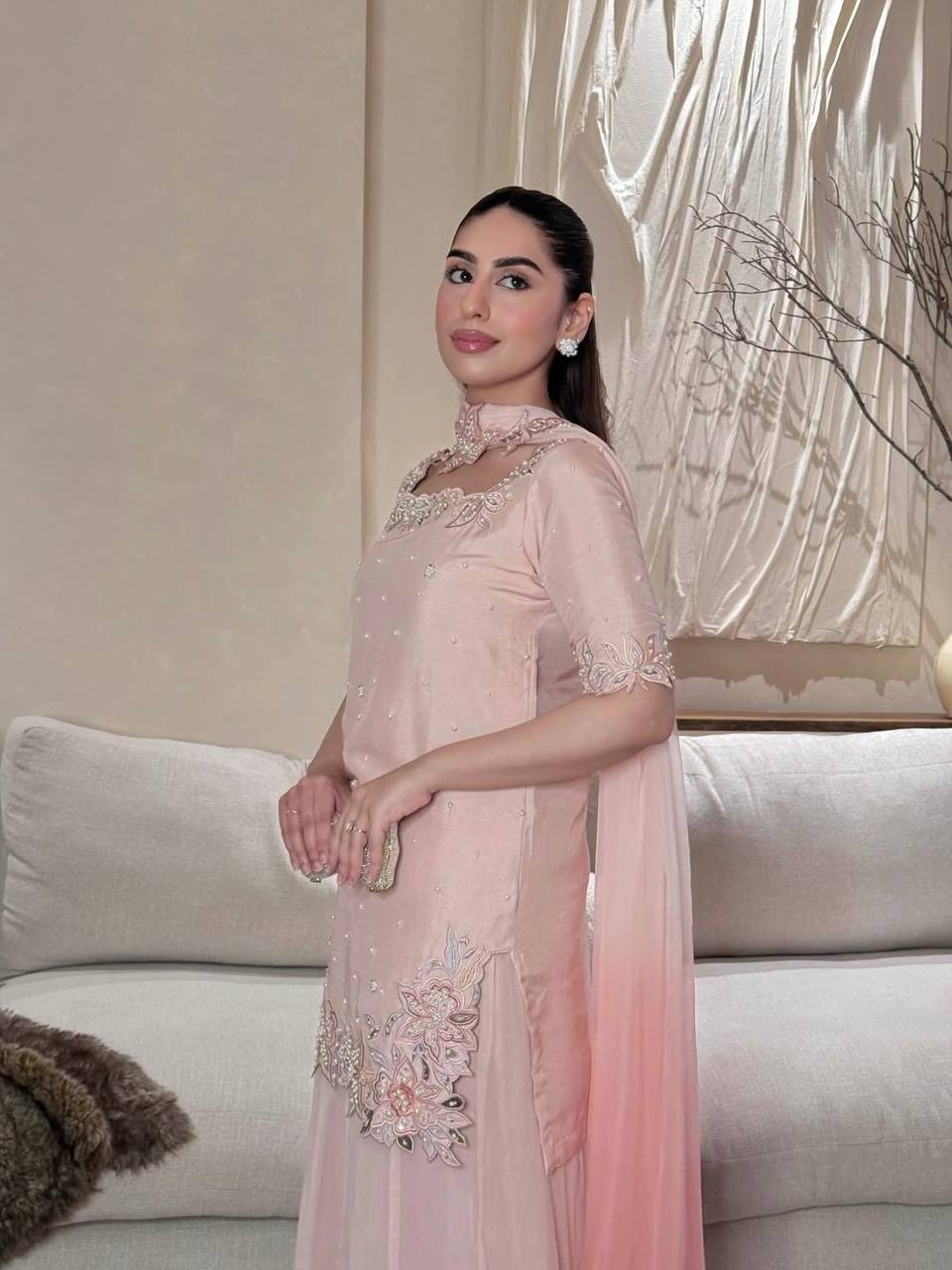 Embroidered Pink Silk Kurti Palazzo Set for Women-Elegant Ethnic Wear