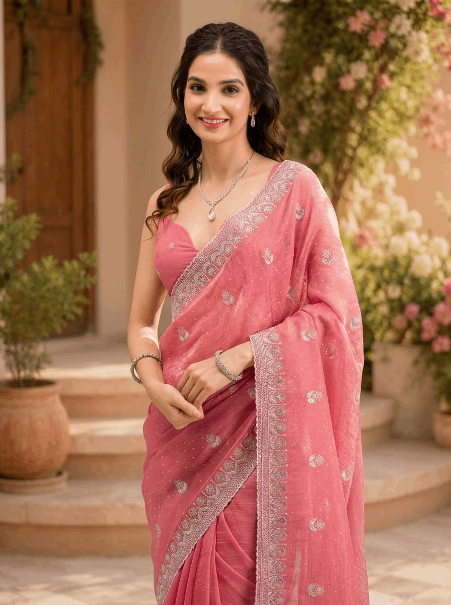 Elegant Pink Saree for Women Designer Party Wear Saree Collection