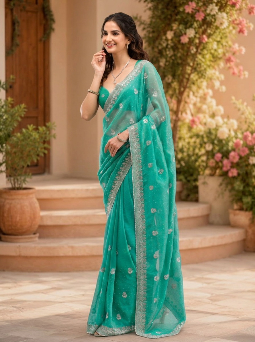 Designer Sea Green Saree with Elegant Border – Traditional Indian Wear