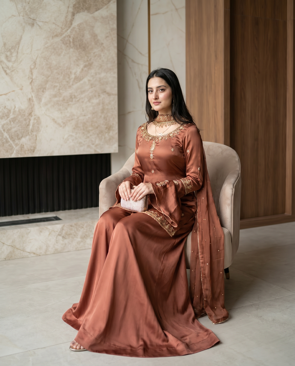 Rust Brown Umbrella Full Sleeve Kurti  Flared Palazo With Dupatta