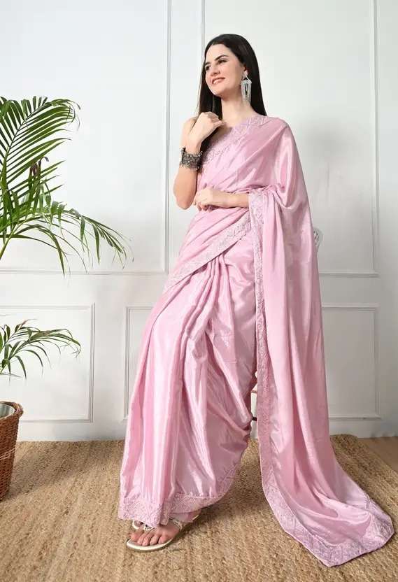 Elegant Pink Embroidered Bollywood Chiffon Saree - Party & Wedding Ready