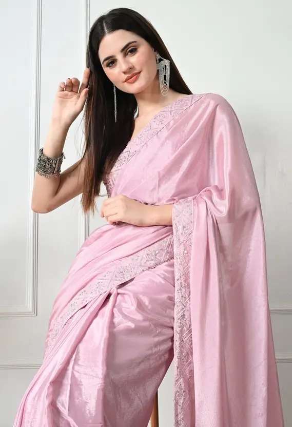 Elegant Pink Embroidered Bollywood Chiffon Saree - Party & Wedding Ready