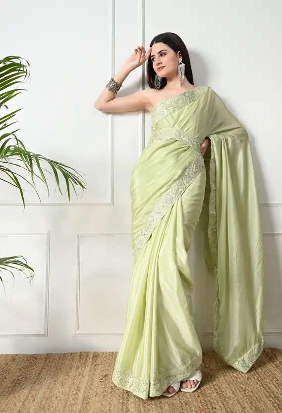 Light Green Embroidered Bollywood Chiffon Saree - Festive Glow in Every Drape