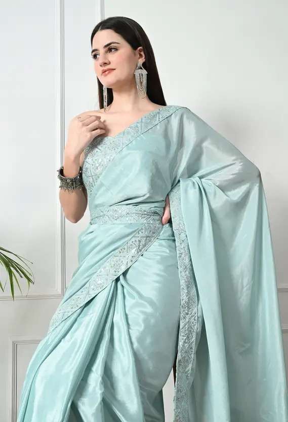 Bollywood Style Sky Blue Saree with Embroidery Work â€“ Grace Redefined