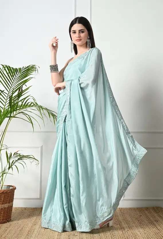 Bollywood Style Sky Blue Saree with Embroidery Work â€“ Grace Redefined