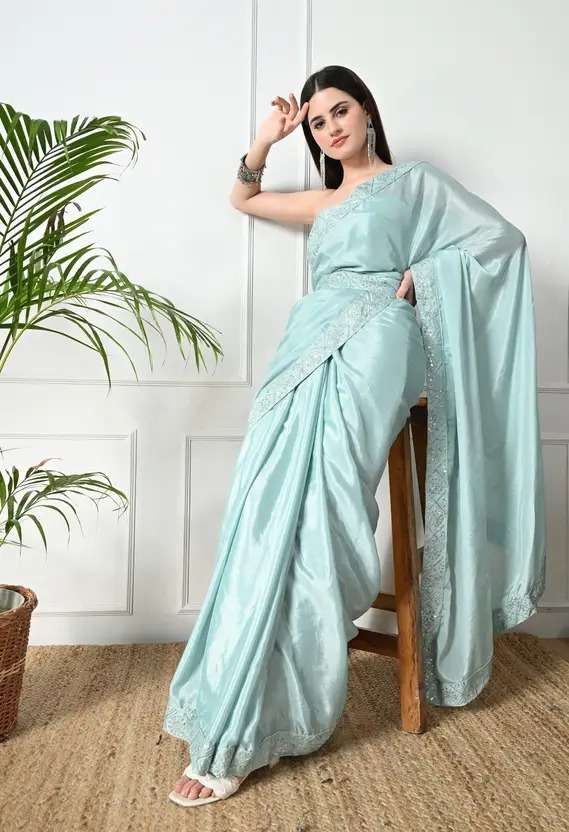 Bollywood Style Sky Blue Saree with Embroidery Work â€“ Grace Redefined