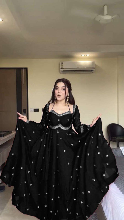 Black Designer Anarkali Ensemble â€“ Thread & Sequence Work with 4-Side Lace Dupatta