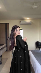 Black Designer Anarkali Ensemble â€“ Thread & Sequence Work with 4-Side Lace Dupatta
