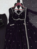 Black Designer Anarkali Ensemble â€“ Thread & Sequence Work with 4-Side Lace Dupatta