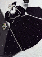 Black Designer Anarkali Ensemble â€“ Thread & Sequence Work with 4-Side Lace Dupatta