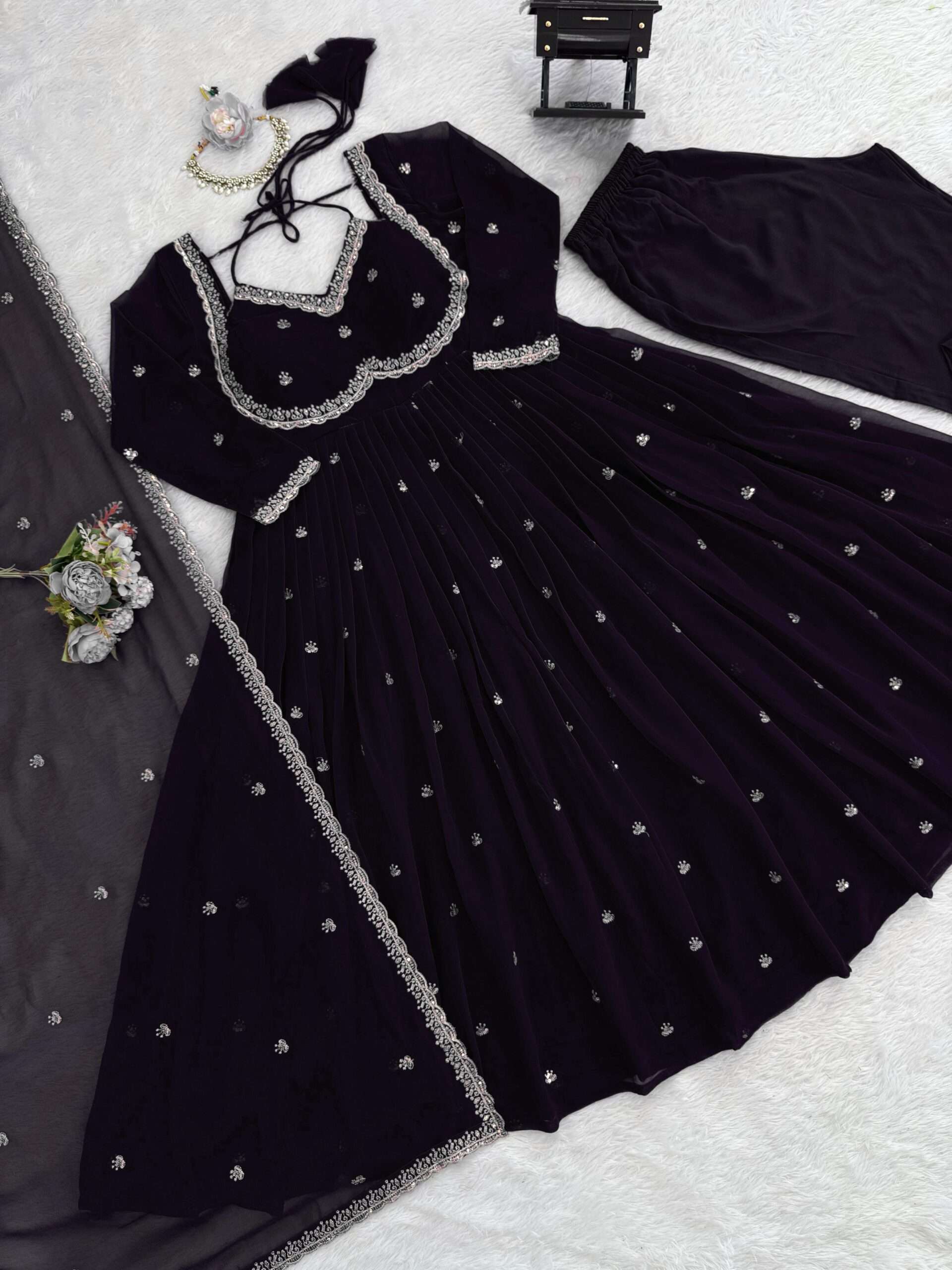 Black Designer Anarkali Ensemble â€“ Thread & Sequence Work with 4-Side Lace Dupatta