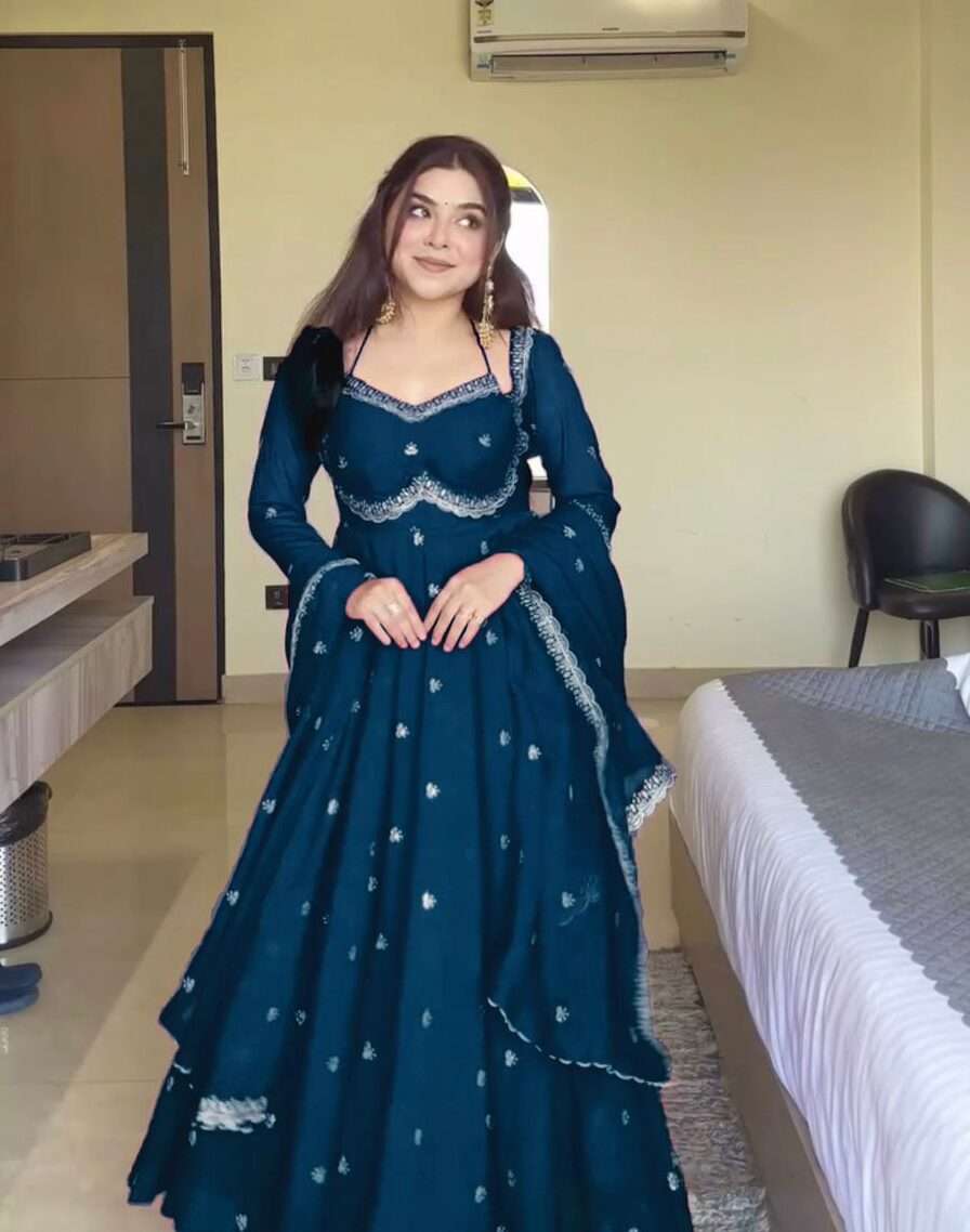 Luxury Blue Anarkali Ensemble â€“ 4-Meter Flair with Thread & Sequence Lace Dupatta