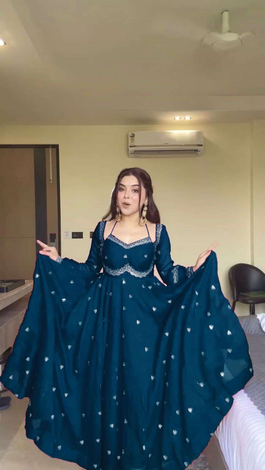 Luxury Blue Anarkali Ensemble â€“ 4-Meter Flair with Thread & Sequence Lace Dupatta