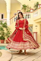 Designer Red Embroidered Gown â€“ Faux Blooming Fabric with Zari & Sequence Detailing
