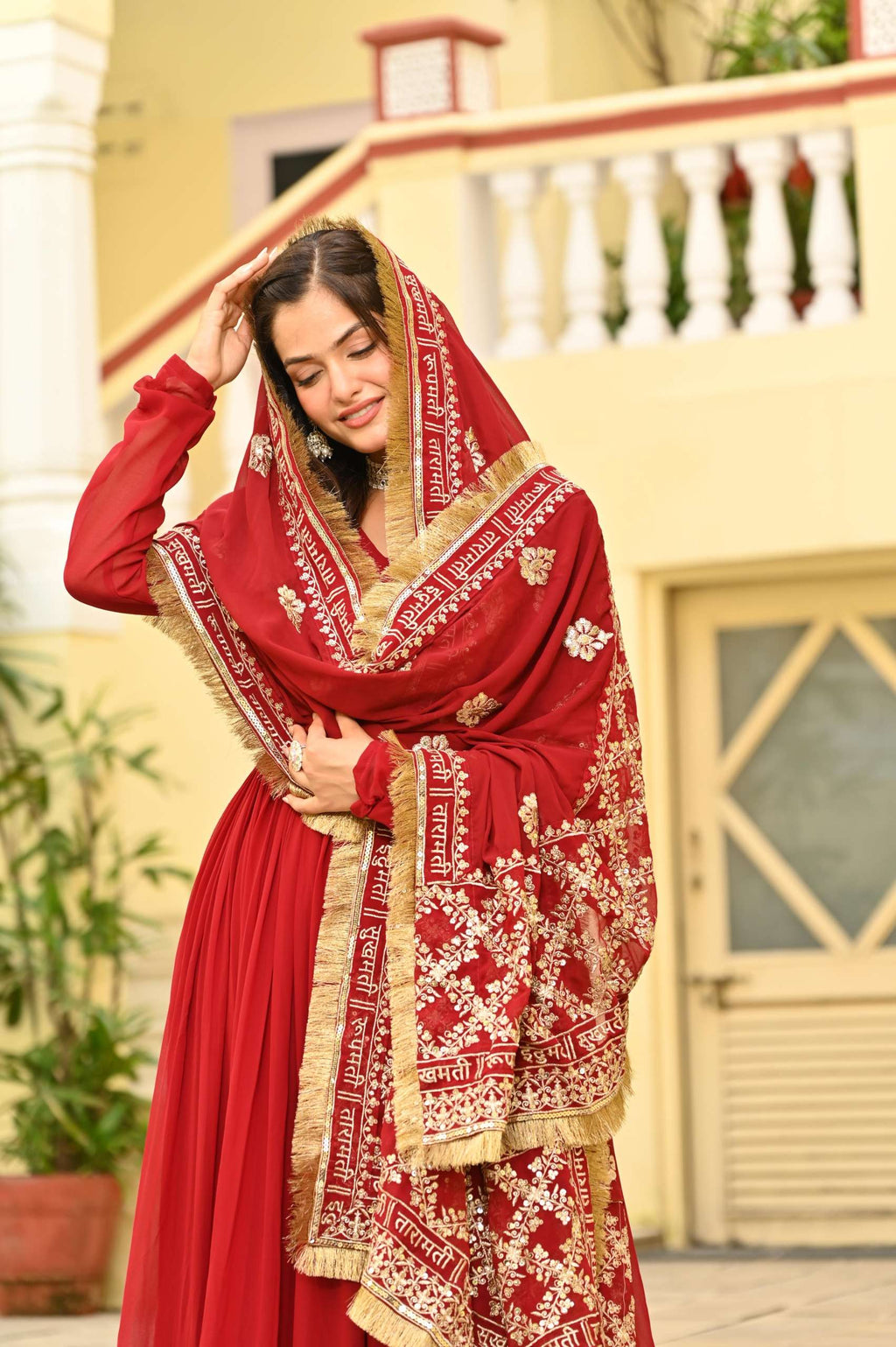 Designer Red Embroidered Gown â€“ Faux Blooming Fabric with Zari & Sequence Detailing