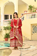 Designer Red Embroidered Gown â€“ Faux Blooming Fabric with Zari & Sequence Detailing