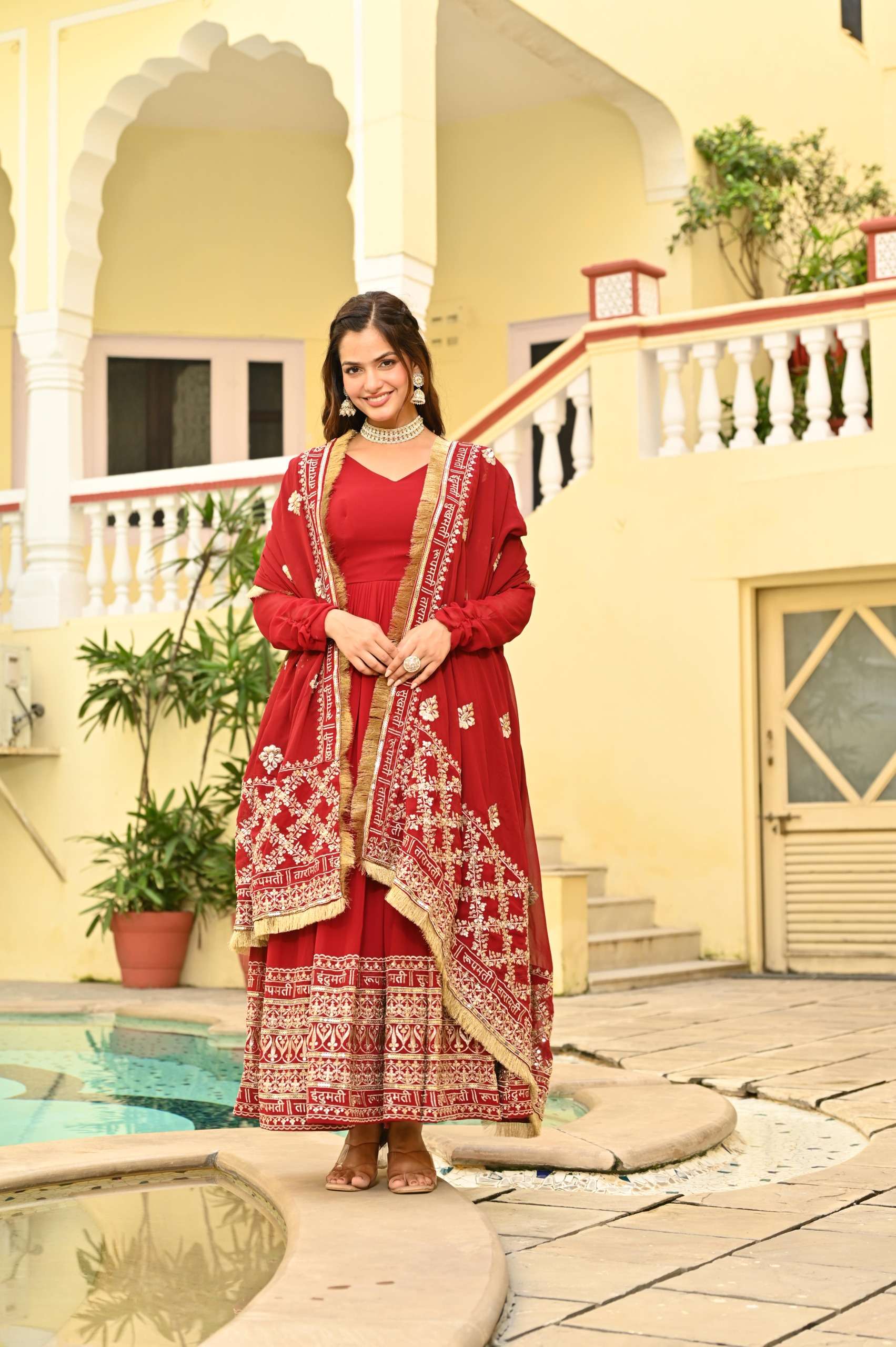 Designer Red Embroidered Gown â€“ Faux Blooming Fabric with Zari & Sequence Detailing