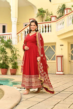 Designer Red Embroidered Gown â€“ Faux Blooming Fabric with Zari & Sequence Detailing