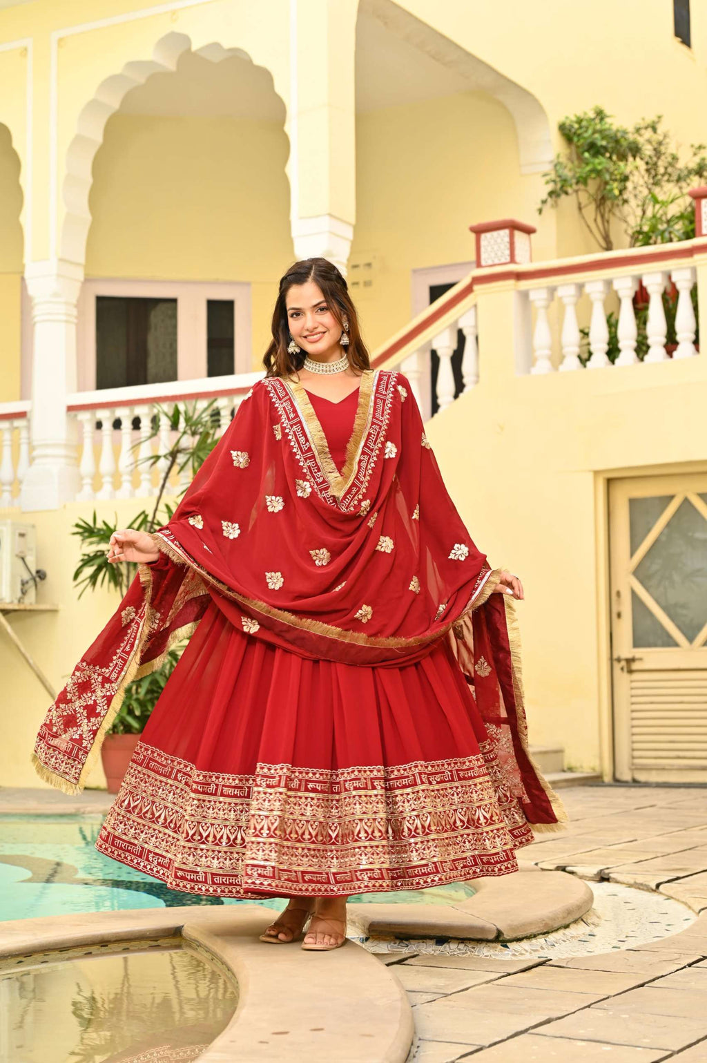 Designer Red Embroidered Gown â€“ Faux Blooming Fabric with Zari & Sequence Detailing
