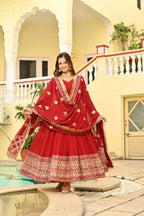Designer Red Embroidered Gown â€“ Faux Blooming Fabric with Zari & Sequence Detailing