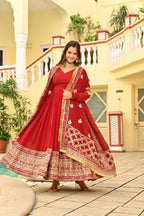 Designer Red Embroidered Gown â€“ Faux Blooming Fabric with Zari & Sequence Detailing