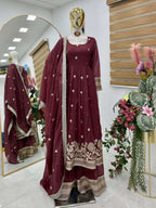 Royal Maroon Embroidered Sharara â€“ Gold Crazy Fabric, Sequin Detailing & Lace Dupatta