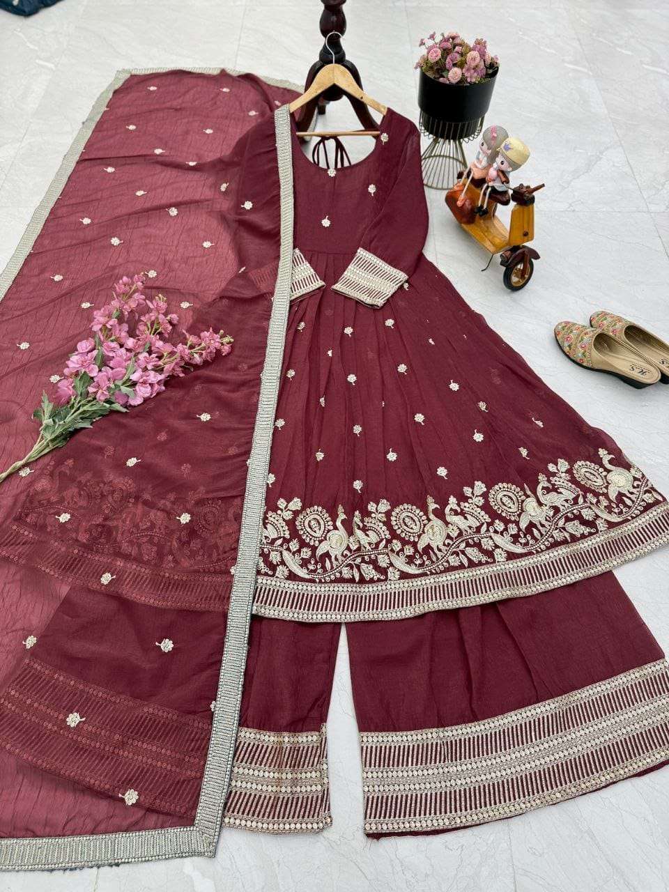 Royal Maroon Embroidered Sharara â€“ Gold Crazy Fabric, Sequin Detailing & Lace Dupatta