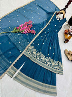 Blue Party Wear Sharara Suit â€“ Heavy Embroidery Sequin & Lace Detailing with Dupatta