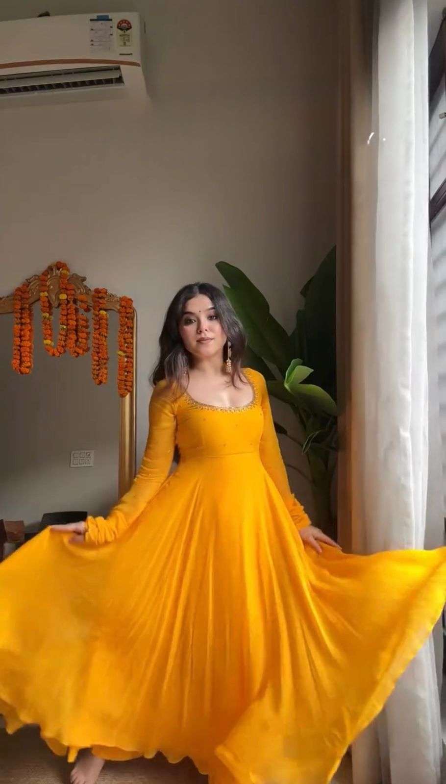 Luxury Yellow Anarkali 3-Piece Set â€“ Handwork Top, Cotton Pant & Moti Work Dupatta