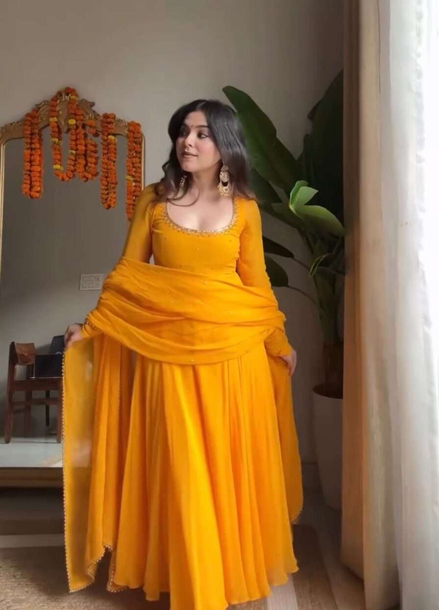 Luxury Yellow Anarkali 3-Piece Set â€“ Handwork Top, Cotton Pant & Moti Work Dupatta