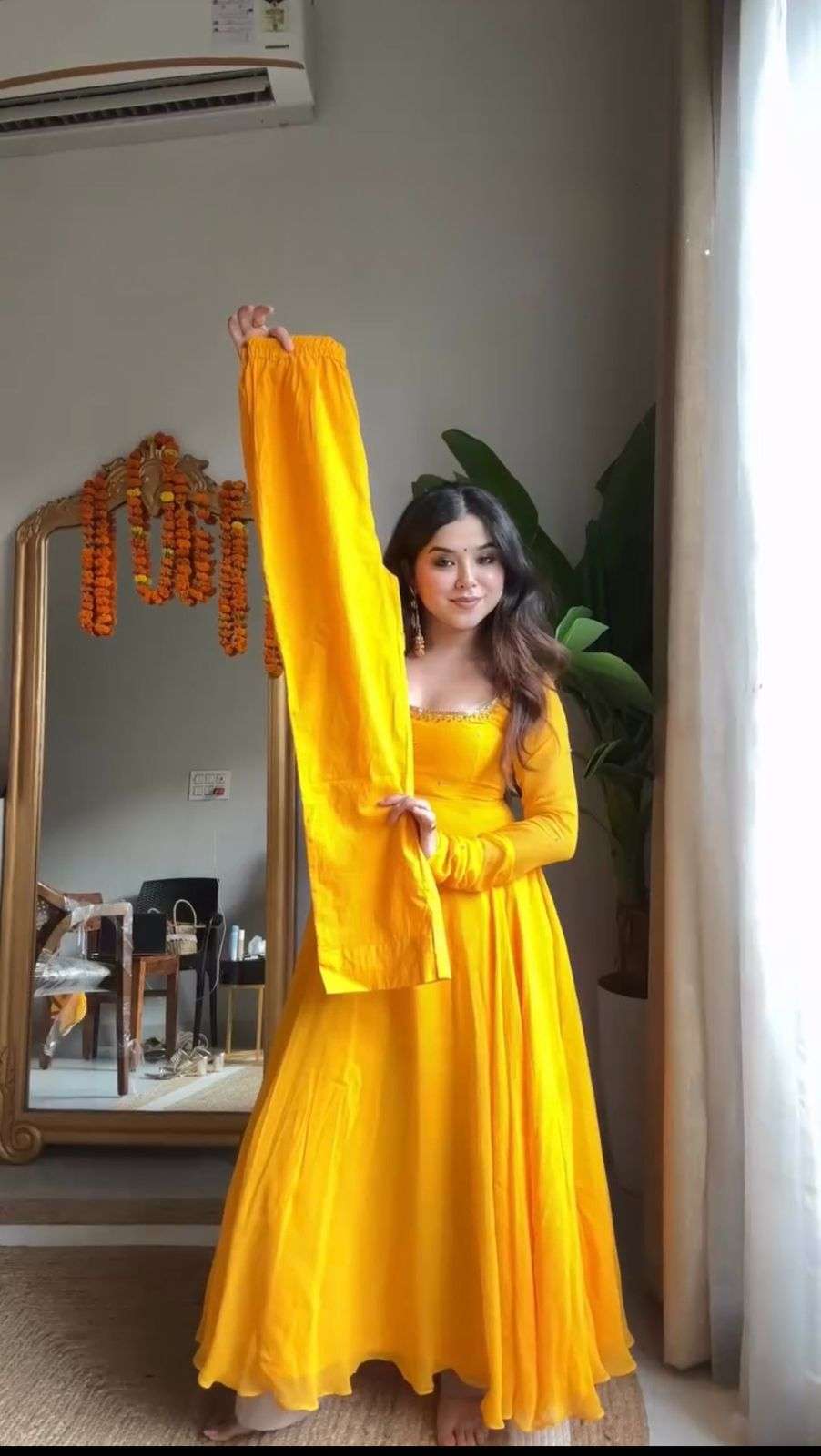 Luxury Yellow Anarkali 3-Piece Set â€“ Handwork Top, Cotton Pant & Moti Work Dupatta