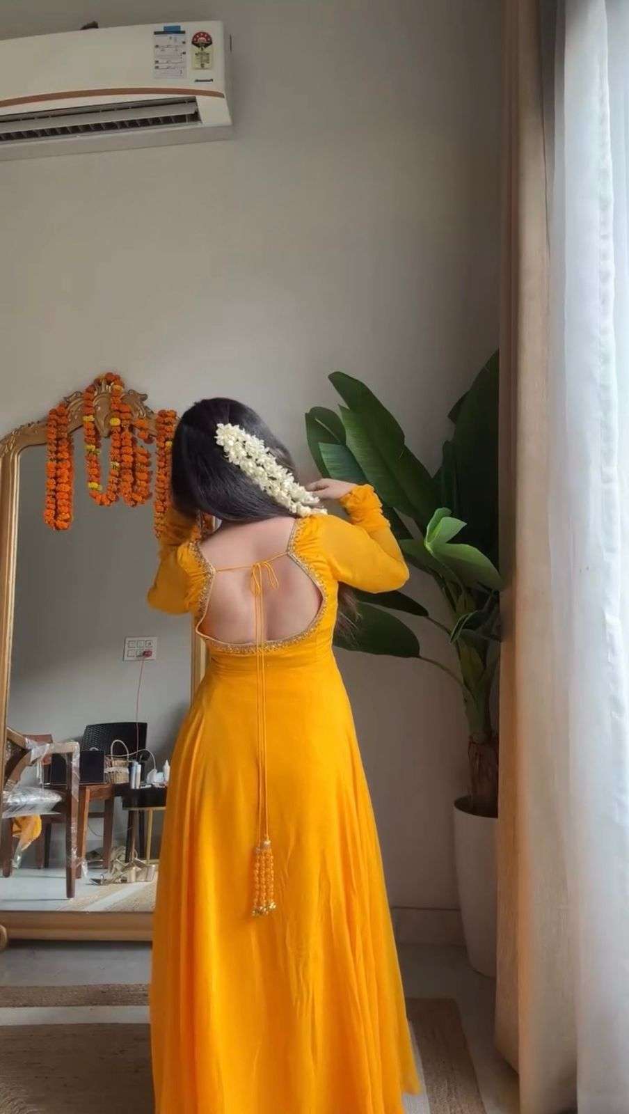 Luxury Yellow Anarkali 3-Piece Set â€“ Handwork Top, Cotton Pant & Moti Work Dupatta