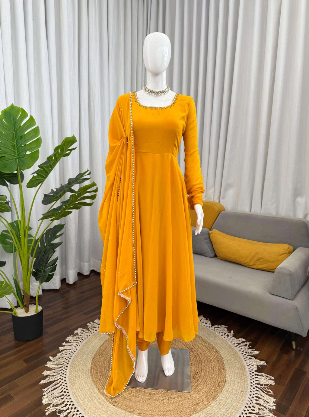 Luxury Yellow Anarkali 3-Piece Set â€“ Handwork Top, Cotton Pant & Moti Work Dupatta