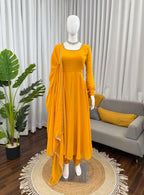 Luxury Yellow Anarkali 3-Piece Set â€“ Handwork Top, Cotton Pant & Moti Work Dupatta