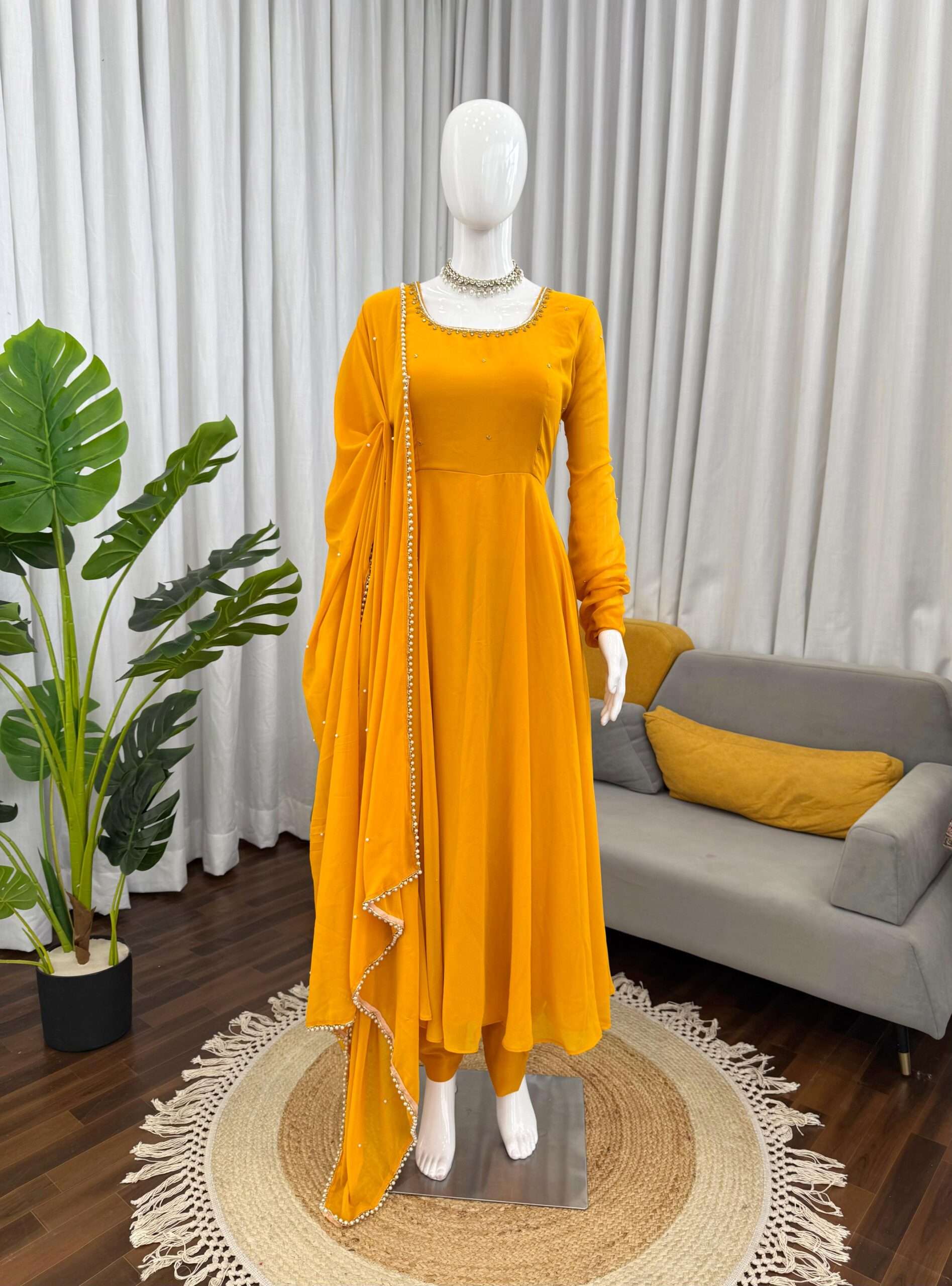 Luxury Yellow Anarkali 3-Piece Set â€“ Handwork Top, Cotton Pant & Moti Work Dupatta