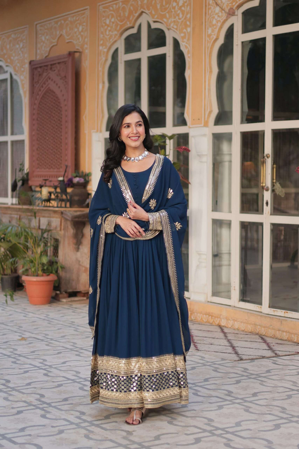 Elegant Blue Long Gown for Women â€“ Embroidered Faux Blooming Set with Lace Border Dupatta