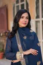 Elegant Blue Long Gown for Women â€“ Embroidered Faux Blooming Set with Lace Border Dupatta