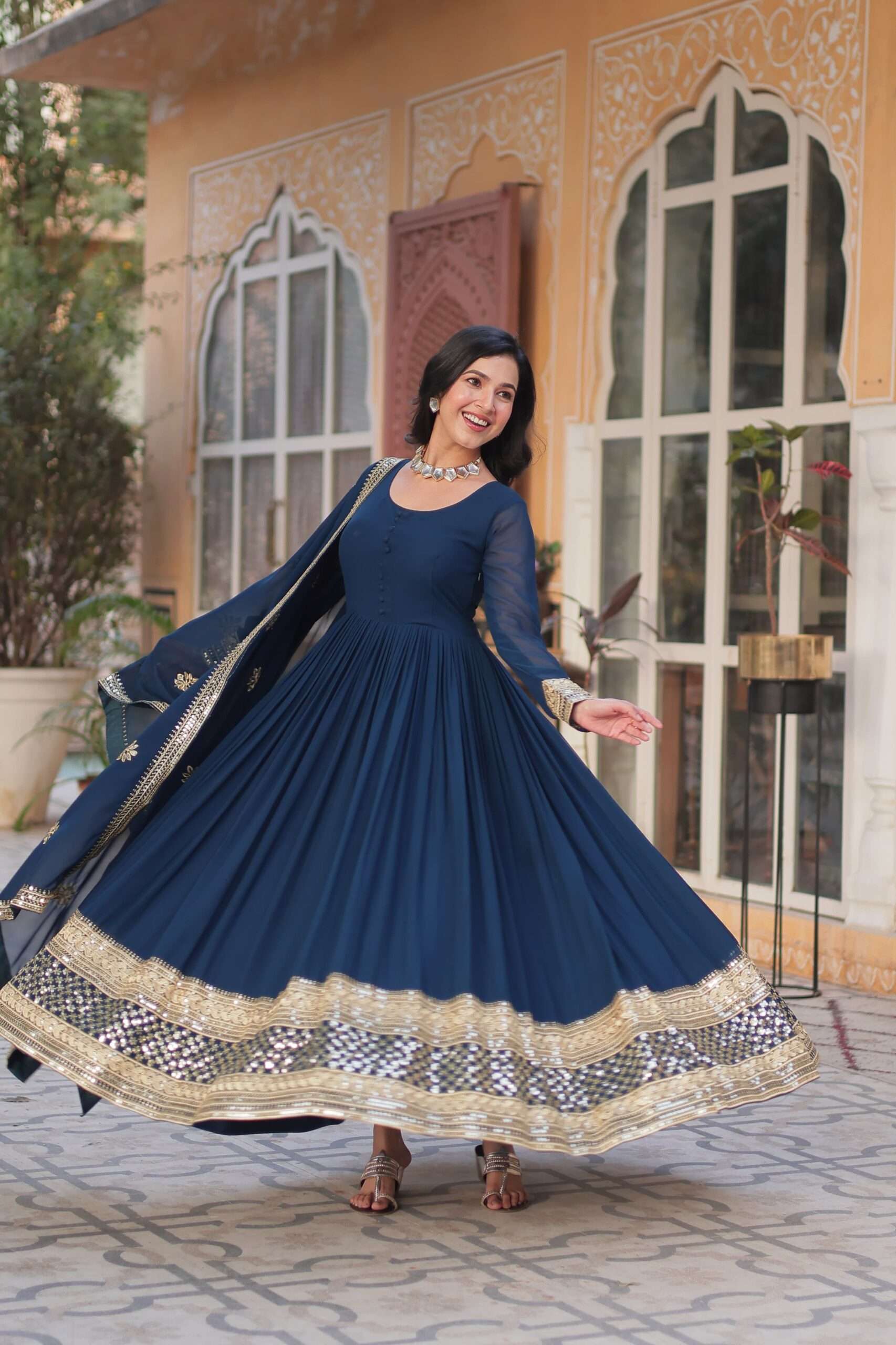 Elegant Blue Long Gown for Women â€“ Embroidered Faux Blooming Set with Lace Border Dupatta