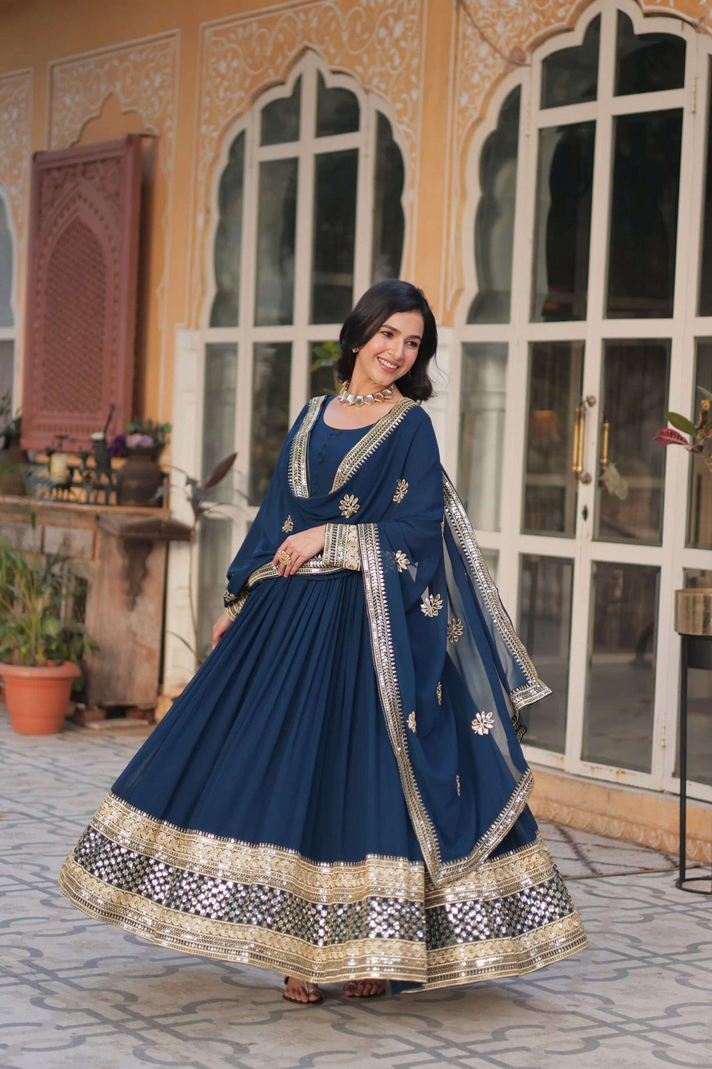 Elegant Blue Long Gown for Women â€“ Embroidered Faux Blooming Set with Lace Border Dupatta